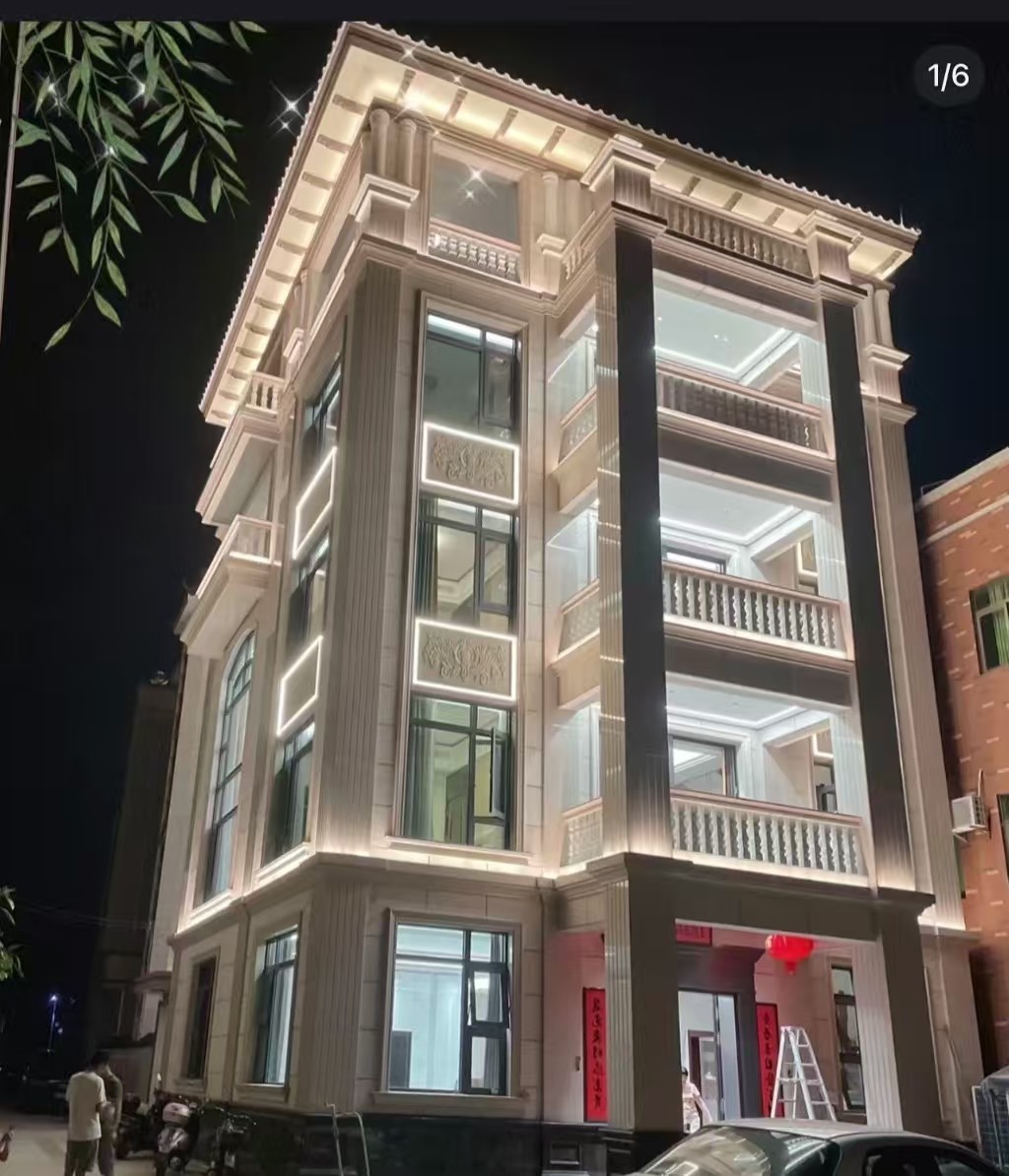 张掖 芝麻白花岗岩别墅外墙夜间效果